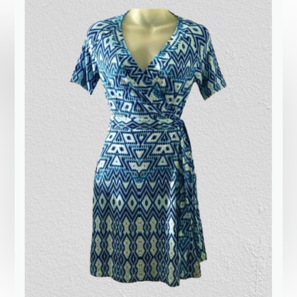 Tart Collections Wrap Dress Blue Green Geometric Print Size XS